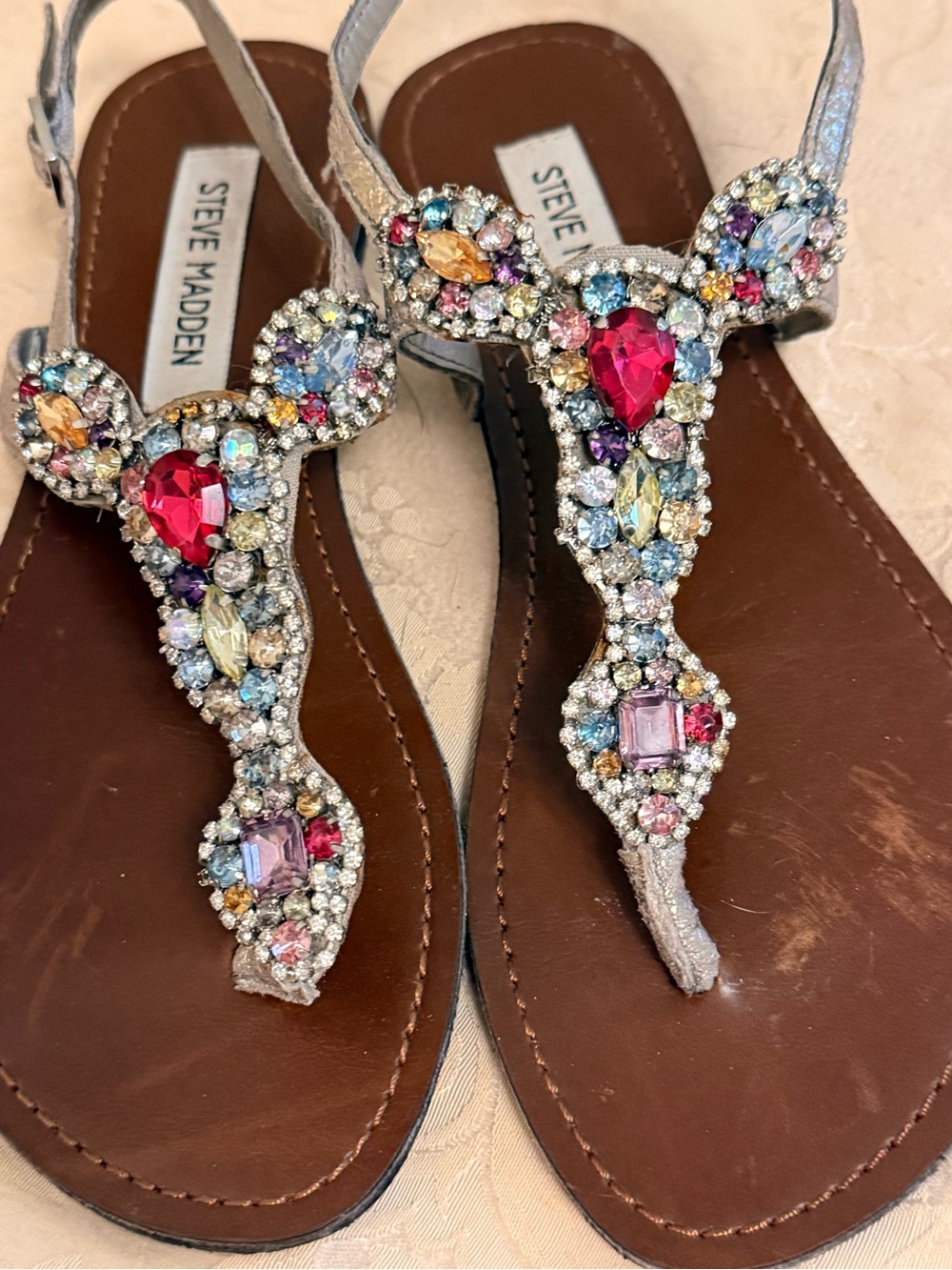 Steve Madden Multicolor Jeweled T-Strap Sandals